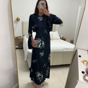 Navy blue Floral Long Sleeve Maxi Dress Zara